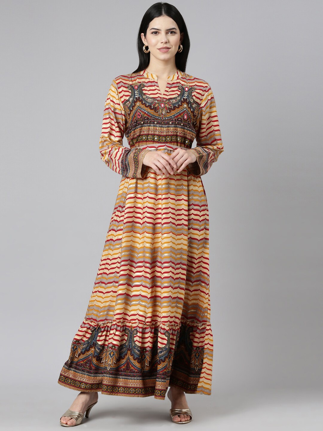 

Neerus Printed Stone Work Cotton A-line Maxi Ethnic Dress, Mustard