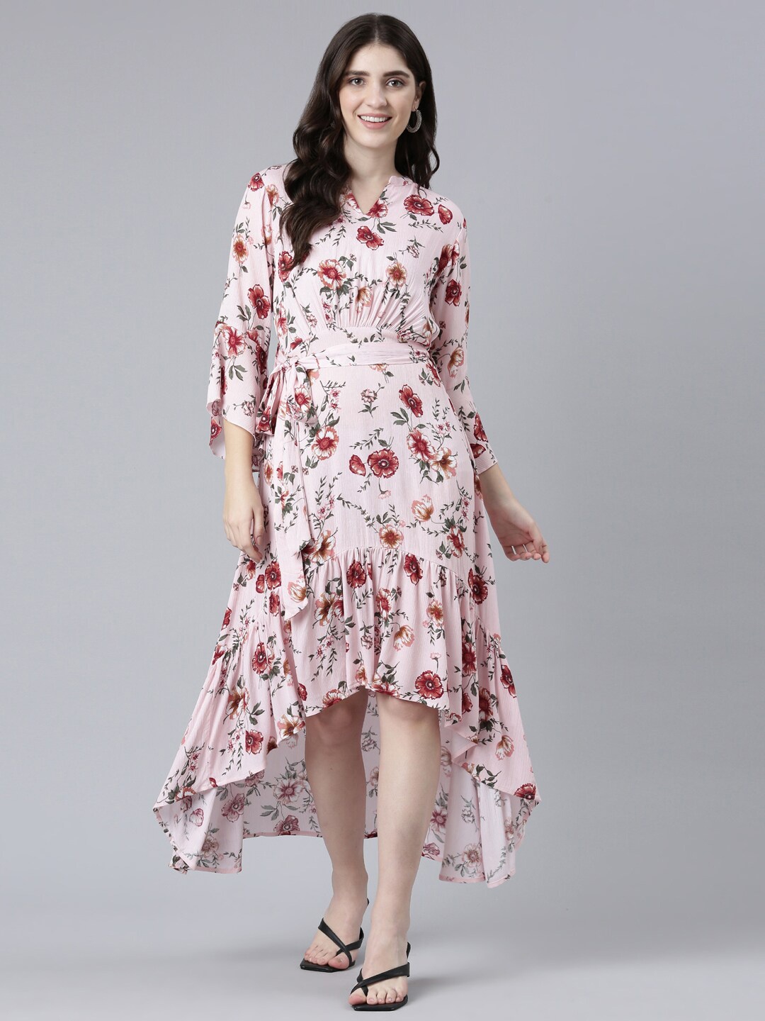 

Neerus Floral Printed High-Low Flared Satin A-Line Midi Dress, Pink