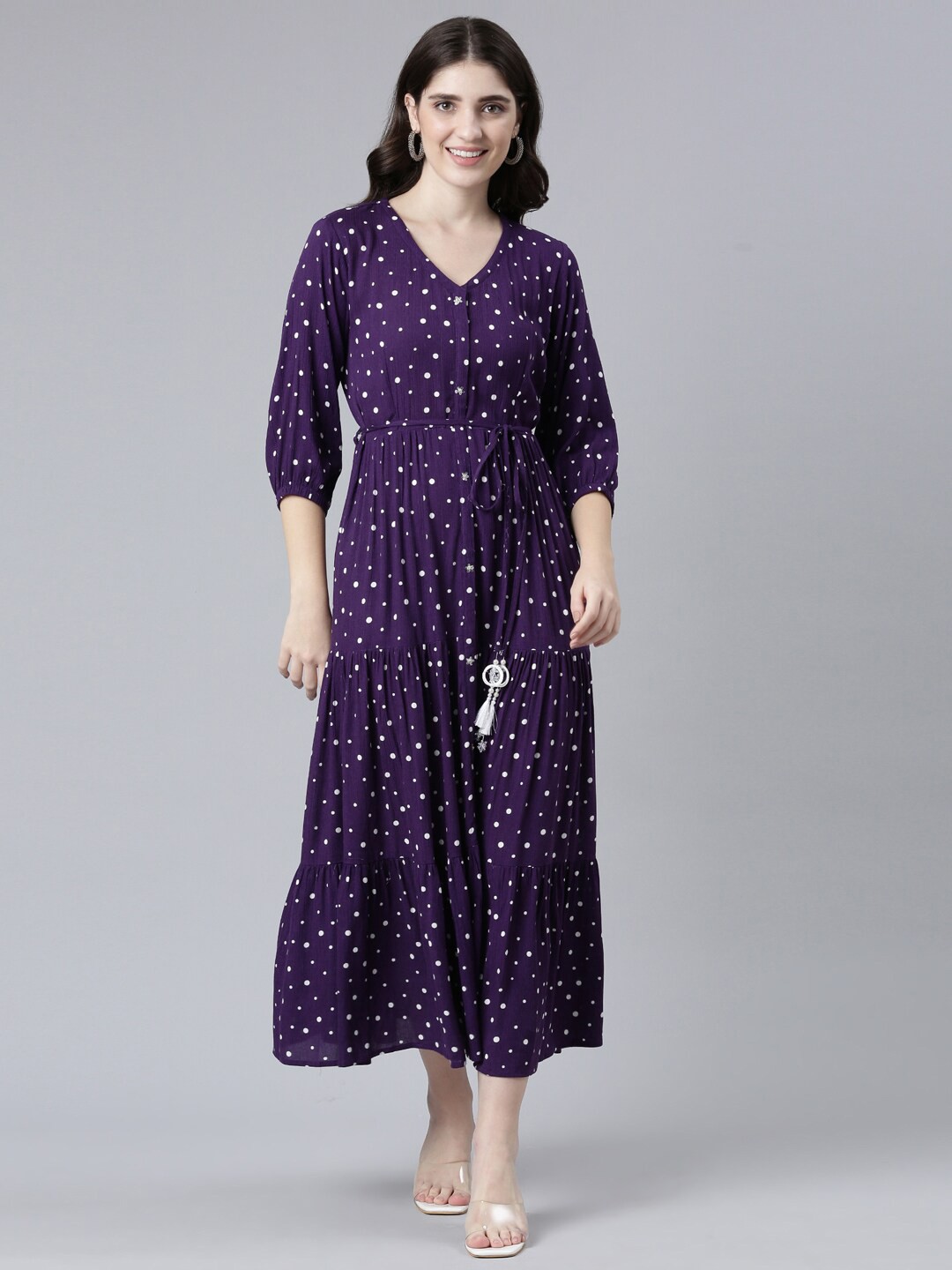 

Neerus Polka Dots Print Puff Sleeve Silk Maxi Dress, Purple
