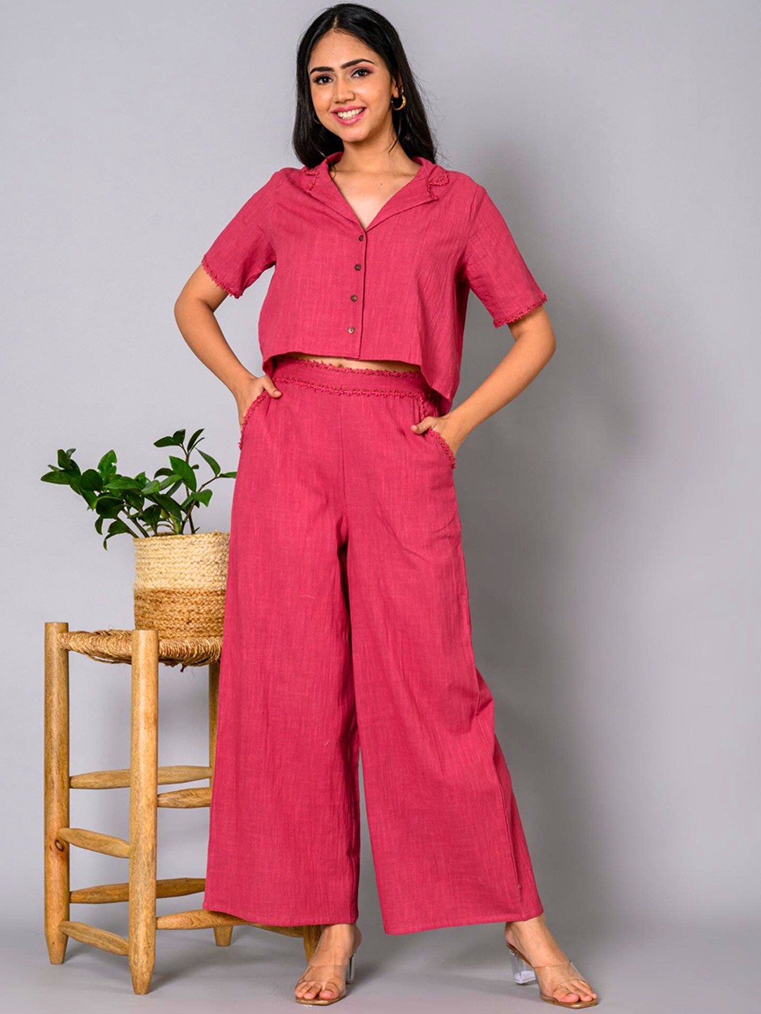 

WESTIFIED Cuban Collar Pure Cotton Top & Palazzos Co-Ords Set, Pink