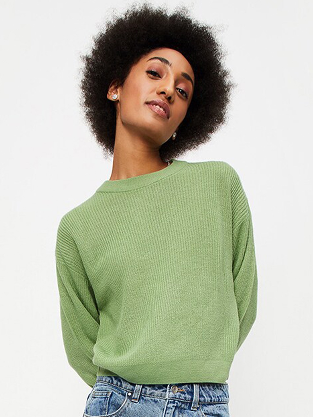 

max Cable Knit Self Design Acrylic Pullover Sweaters, Green