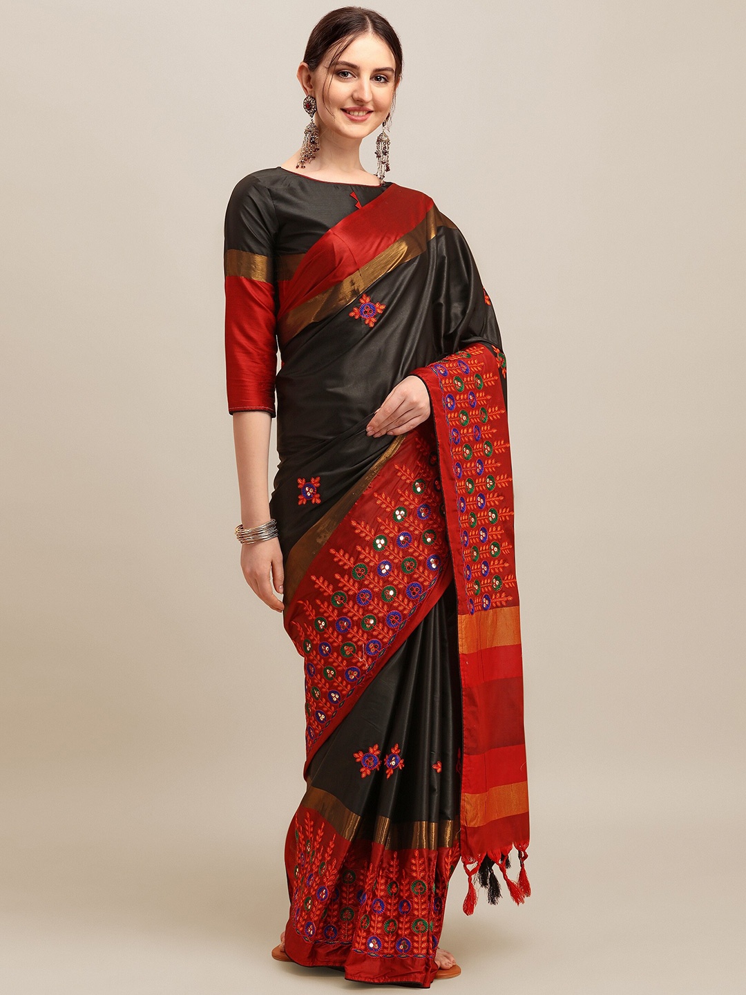 

Mitera Ethnic Motifs Embroidered Sequinned Silk Cotton Banarasi Saree, Black