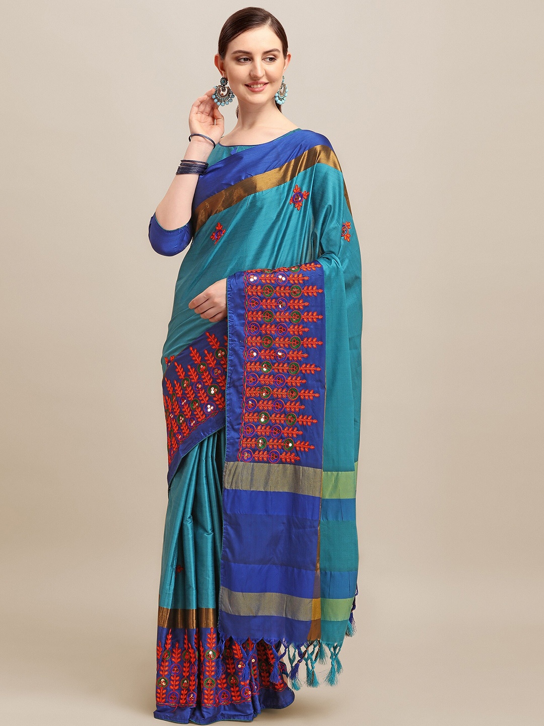 

Mitera Ethnic Motifs Embroidered Sequinned Silk Cotton Banarasi Saree, Turquoise blue