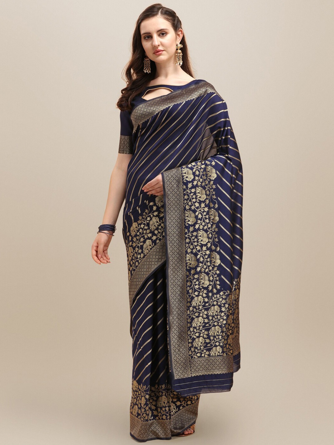 

Mitera Striped Zari Detailed Silk Cotton Banarasi Saree, Navy blue