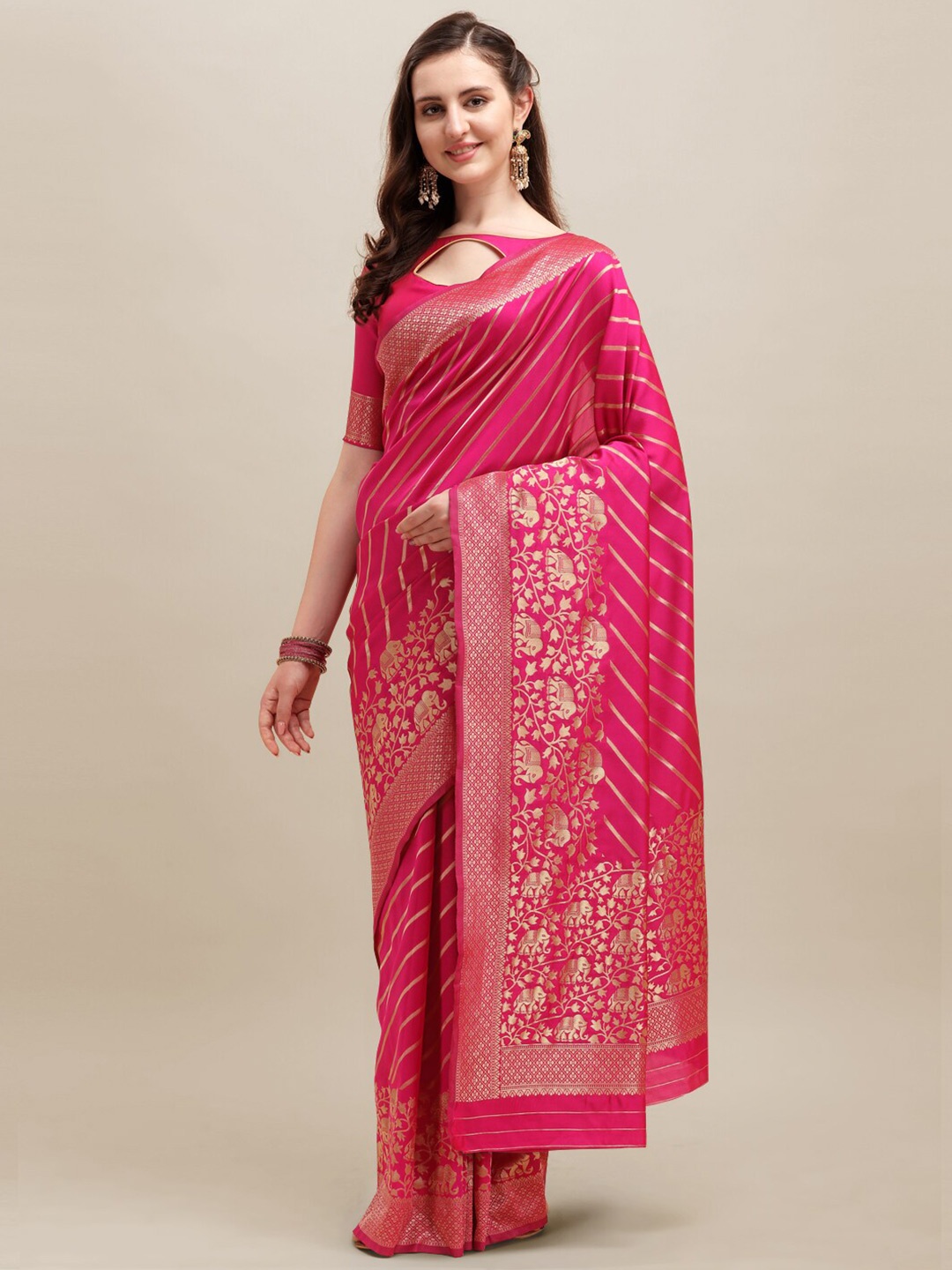 

Mitera Striped Zari Detailed Silk Cotton Banarasi Saree, Pink