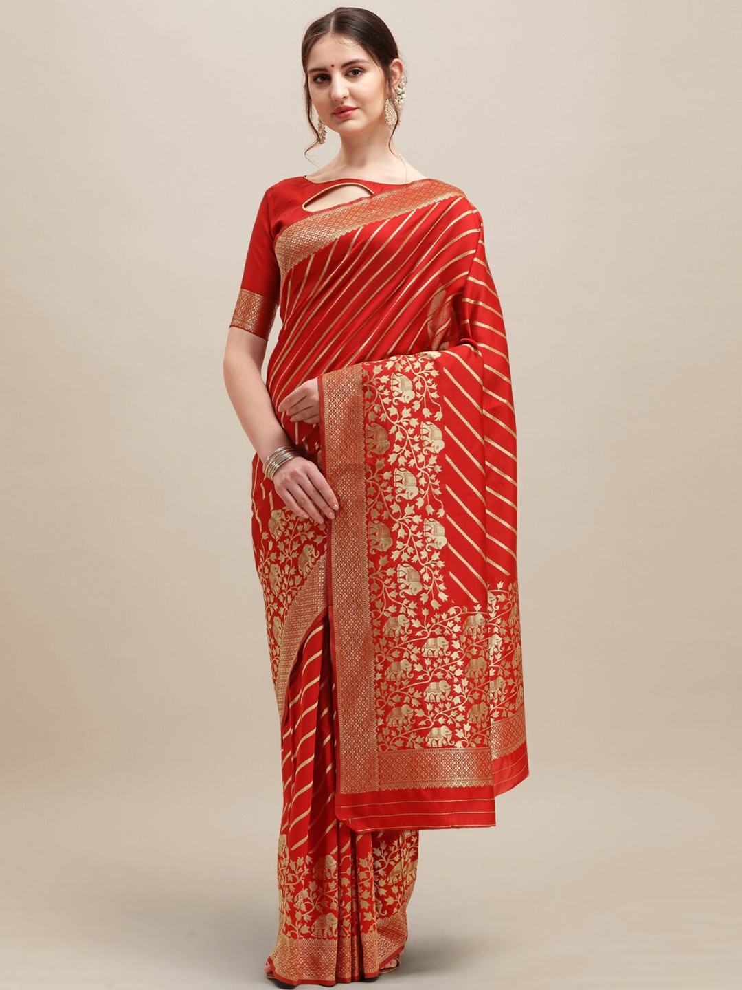 

Mitera Striped Zari Detailed Silk Cotton Banarasi Saree, Red