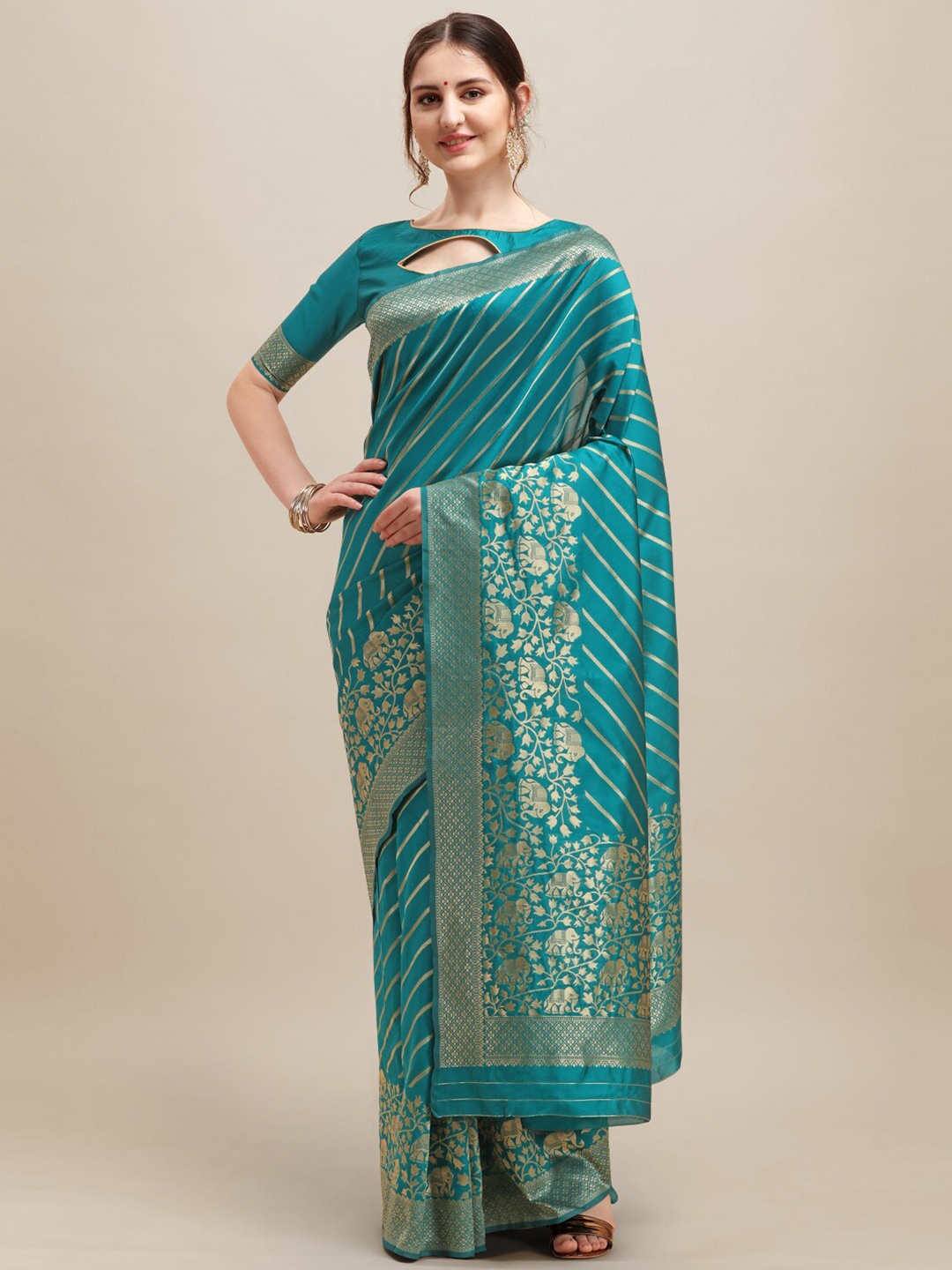 

Mitera Turquoise Blue & Gold-Toned Woven Design Zari Silk Cotton Banarasi Saree