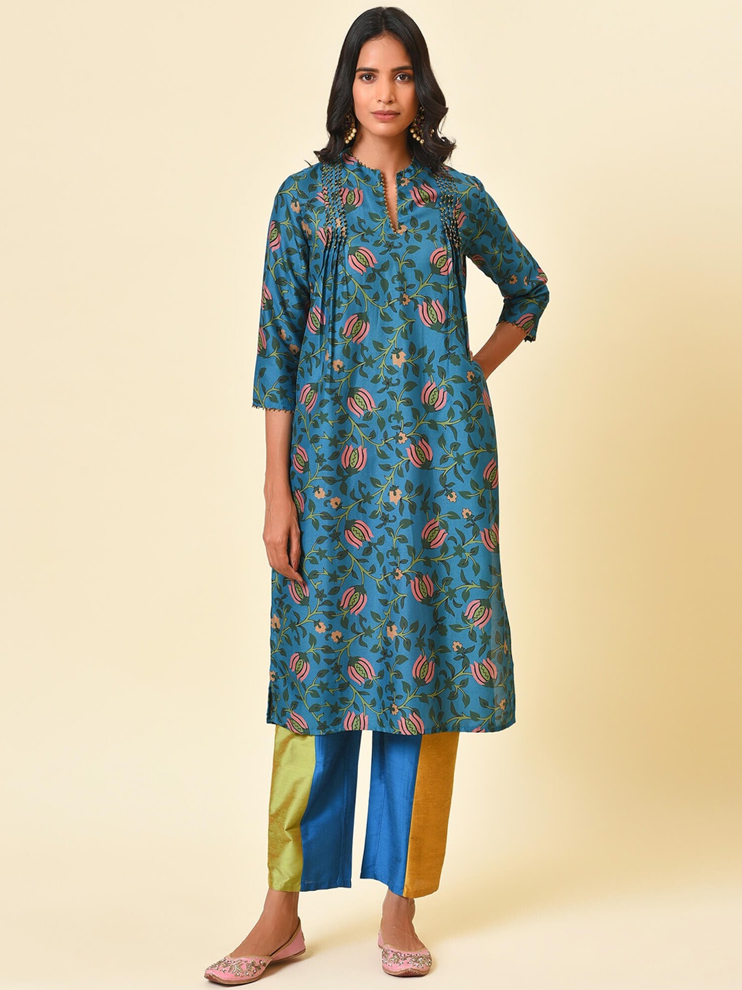 

NUHH Ethnic Motifs Printed Regular Kurta With Trousers, Blue
