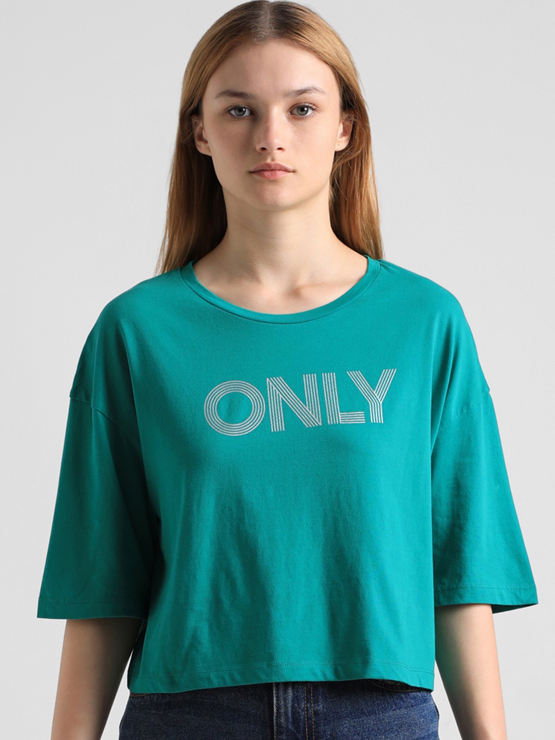 ONLY Typography Printed Boxy Cotton T-shirt, Green