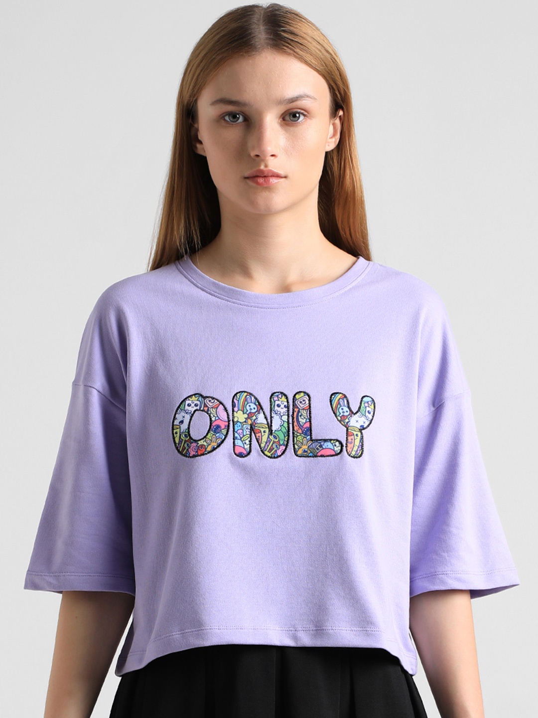 

ONLY Typography Drop-Shoulder Sleeves Boxy Cotton T-shirt, Purple
