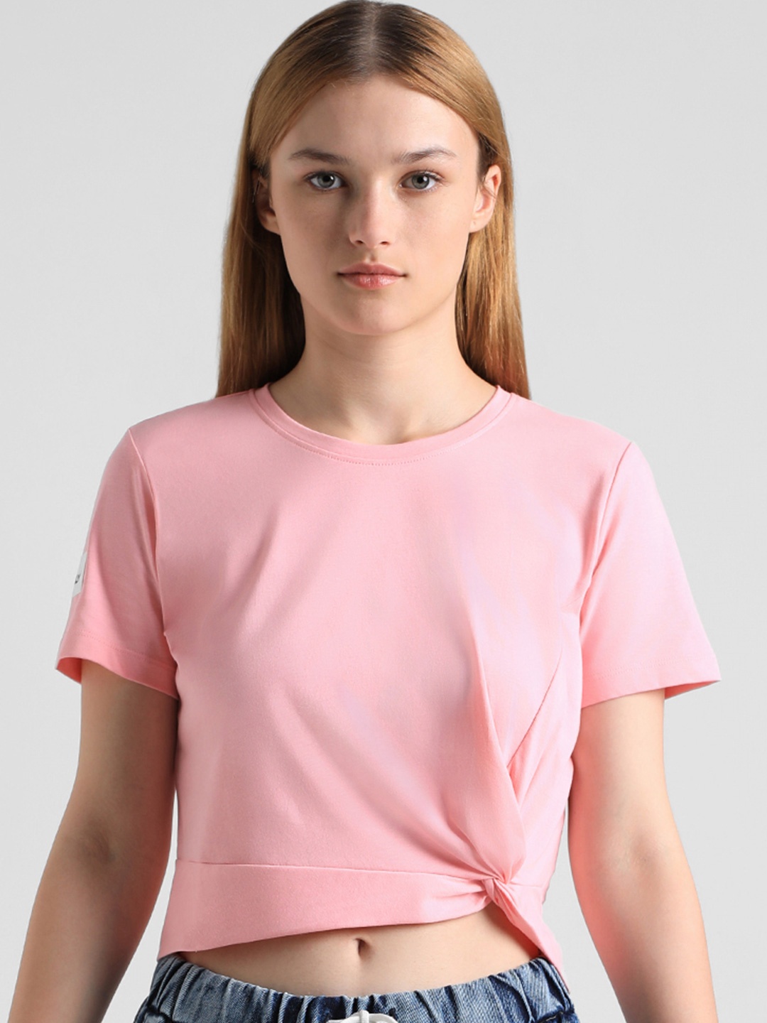 

ONLY Knotted Detail Crop Pure Cotton T-Shirt, Pink