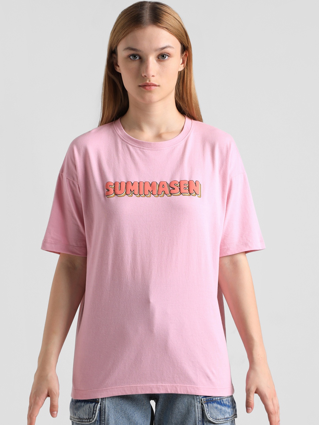 

ONLY Typography Printed Drop-Shoulder Sleeves T-shirt, Pink