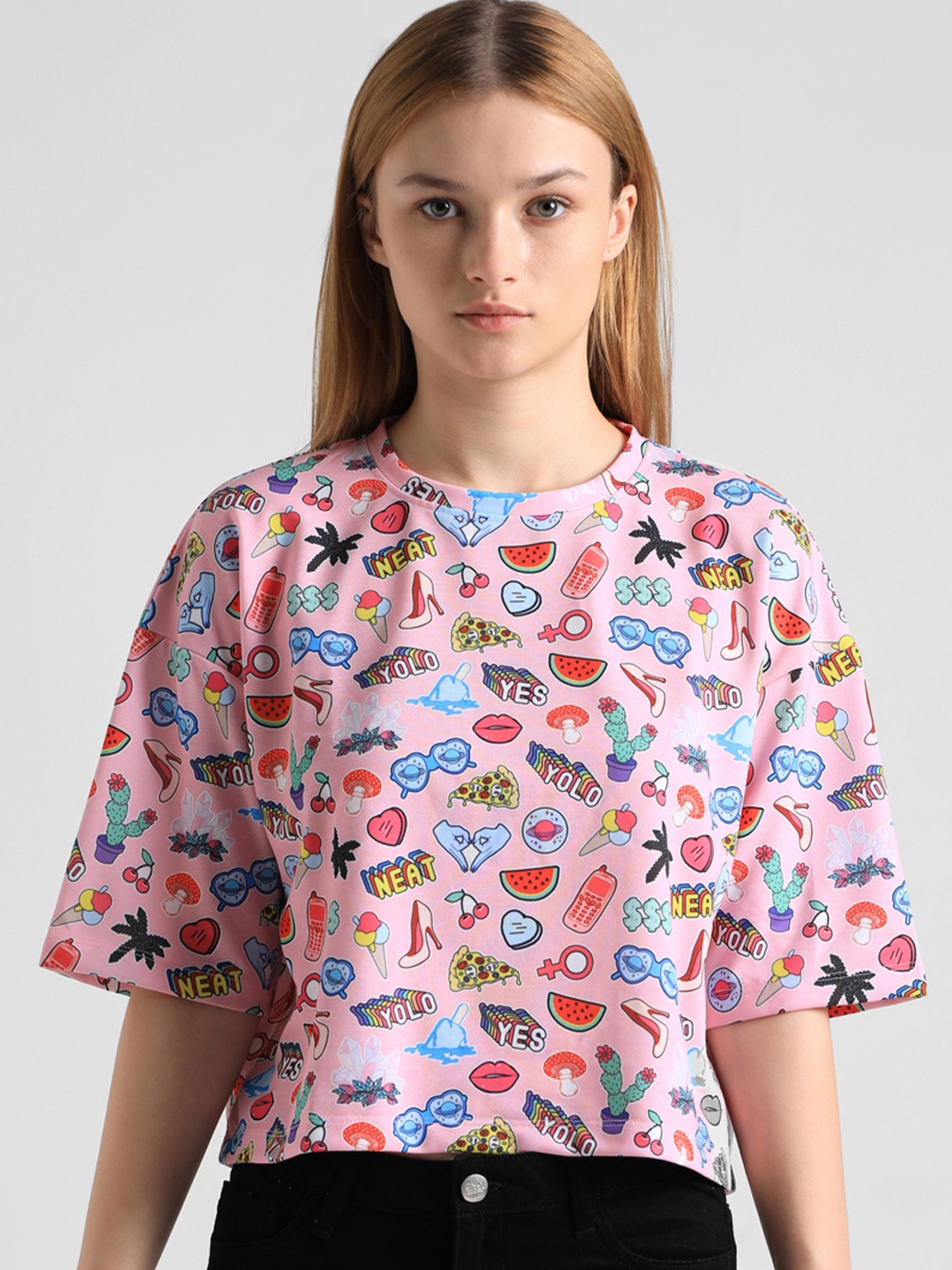 

ONLY Onld Yes SS Conversational Printed Crop Boxy T-shirt, Pink