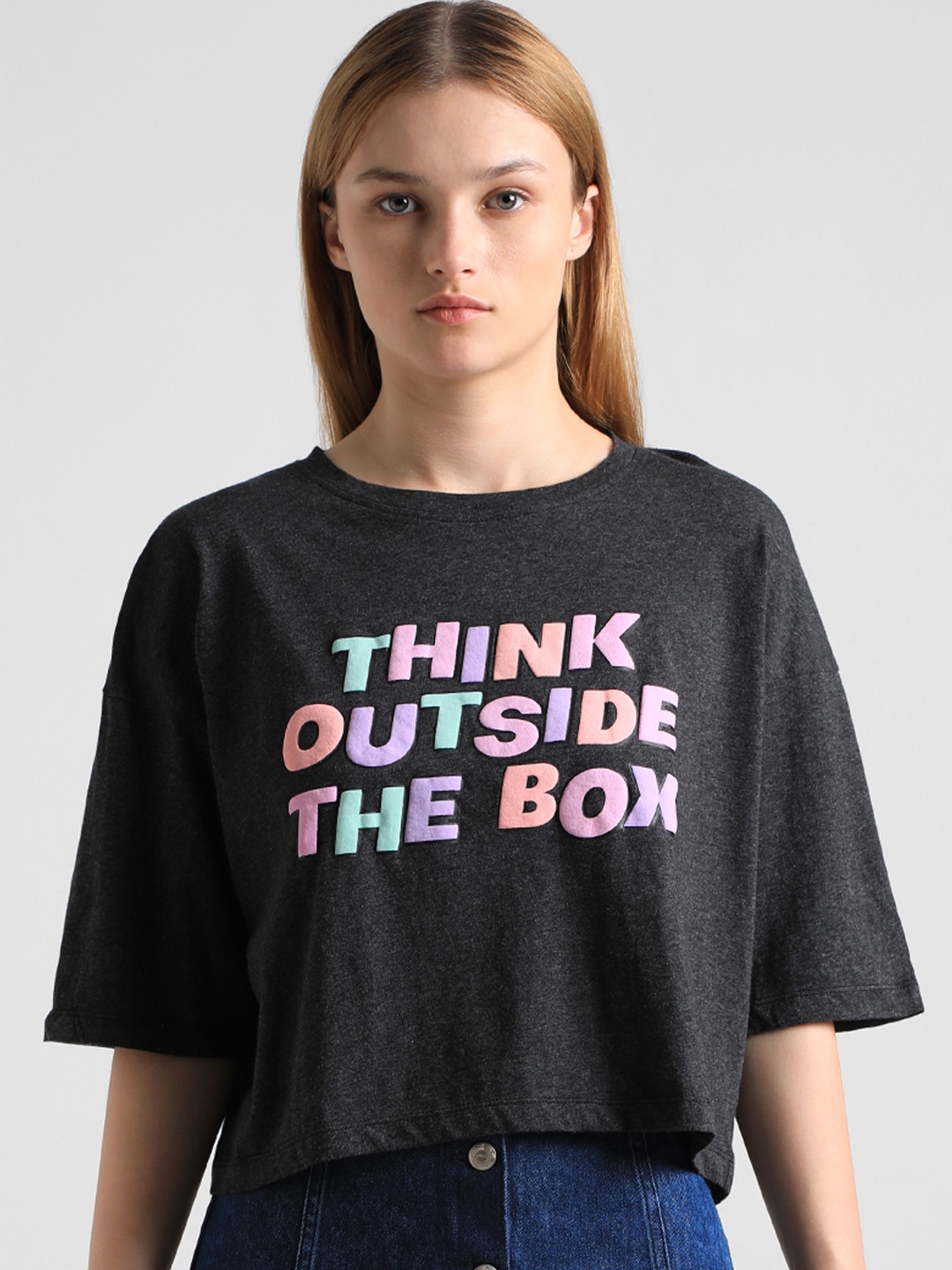 ONLY Typography Printed Boxy T-shirt, Black