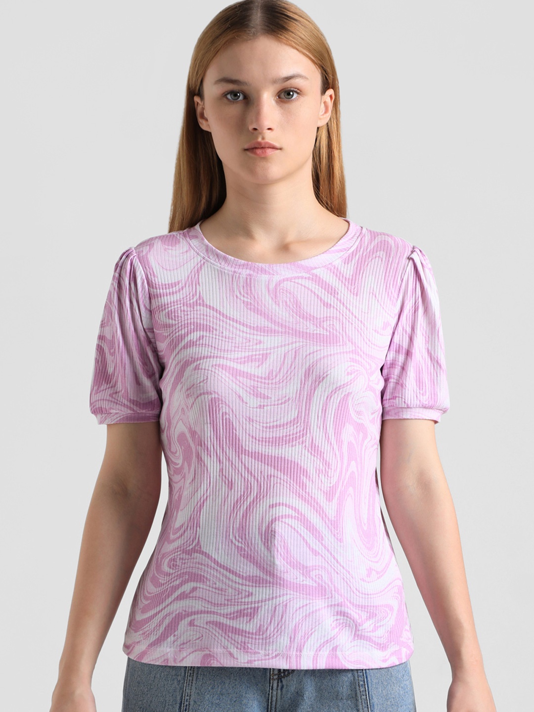 

ONLY Abstract Printed Extended Sleeves T-shirt, Pink