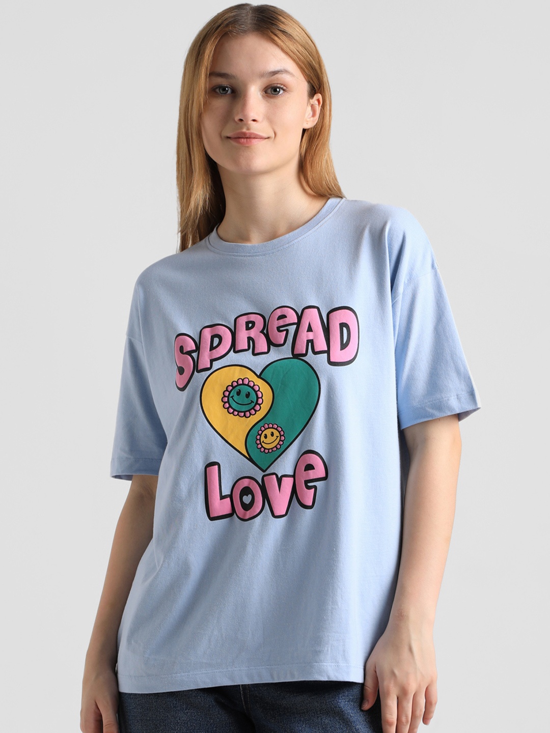 

ONLY Printed Drop-Shoulder Sleeves Applique T-shirt, Blue