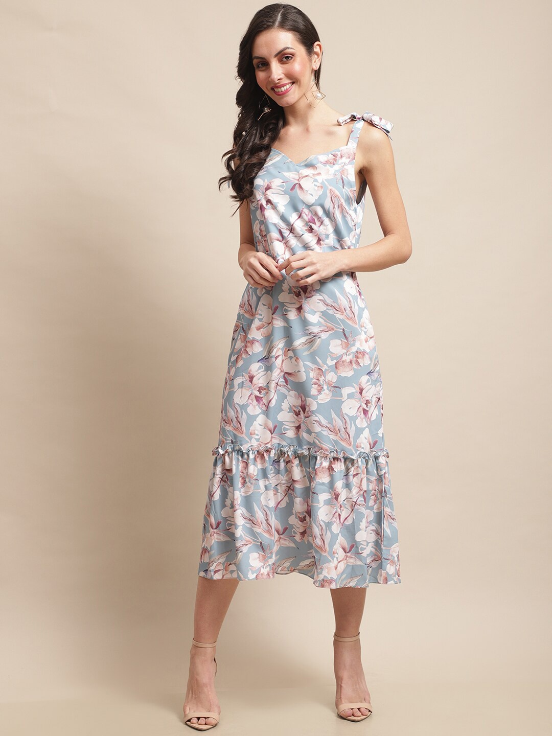 

Claura Floral Printed A-Line Midi Dress, Blue