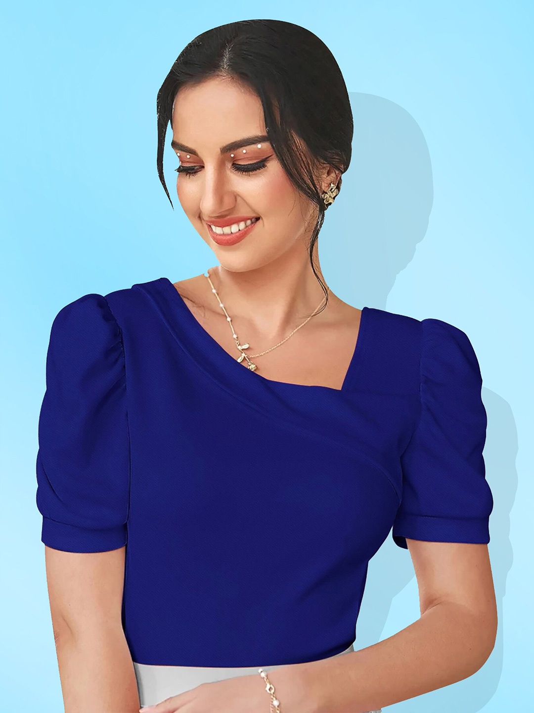 

Dream Beauty Fashion Asymmetric Neck Puffed Sleeves Top, Blue