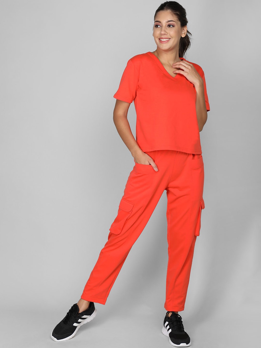 

CHKOKKO V-Neck Short Sleeve Co-Ord, Orange