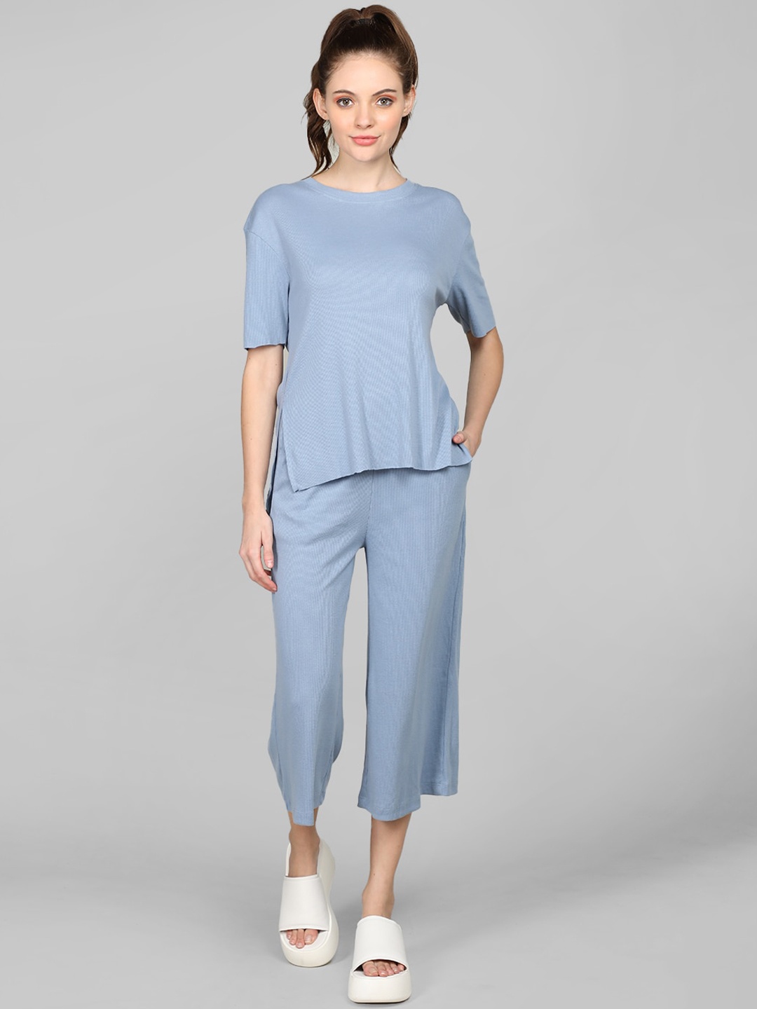 

CHKOKKO Ribbed Round Neck Co-Ords, Blue