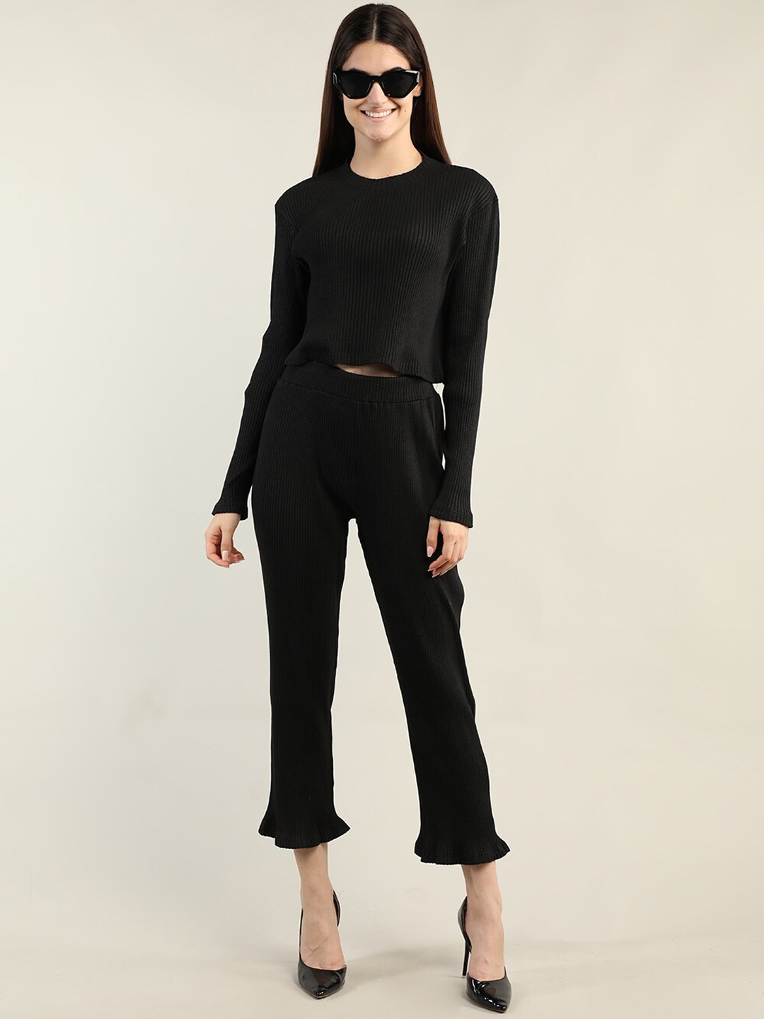 

CHKOKKO Ribbed Round Neck Co-Ords, Black