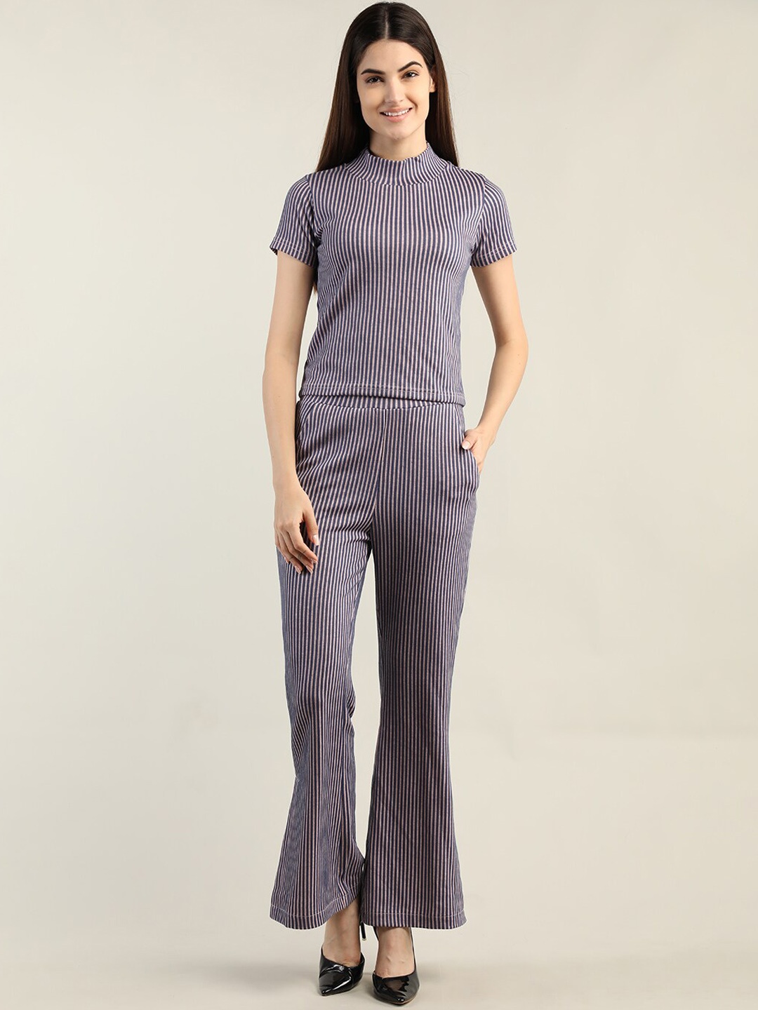 

CHKOKKO Striped High Neck Top & Trousers, Grey