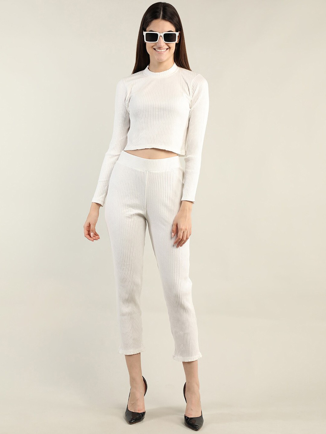 

CHKOKKO Self Design Acrylic Round Neck T-shirt with Pant Co-Ords, Cream