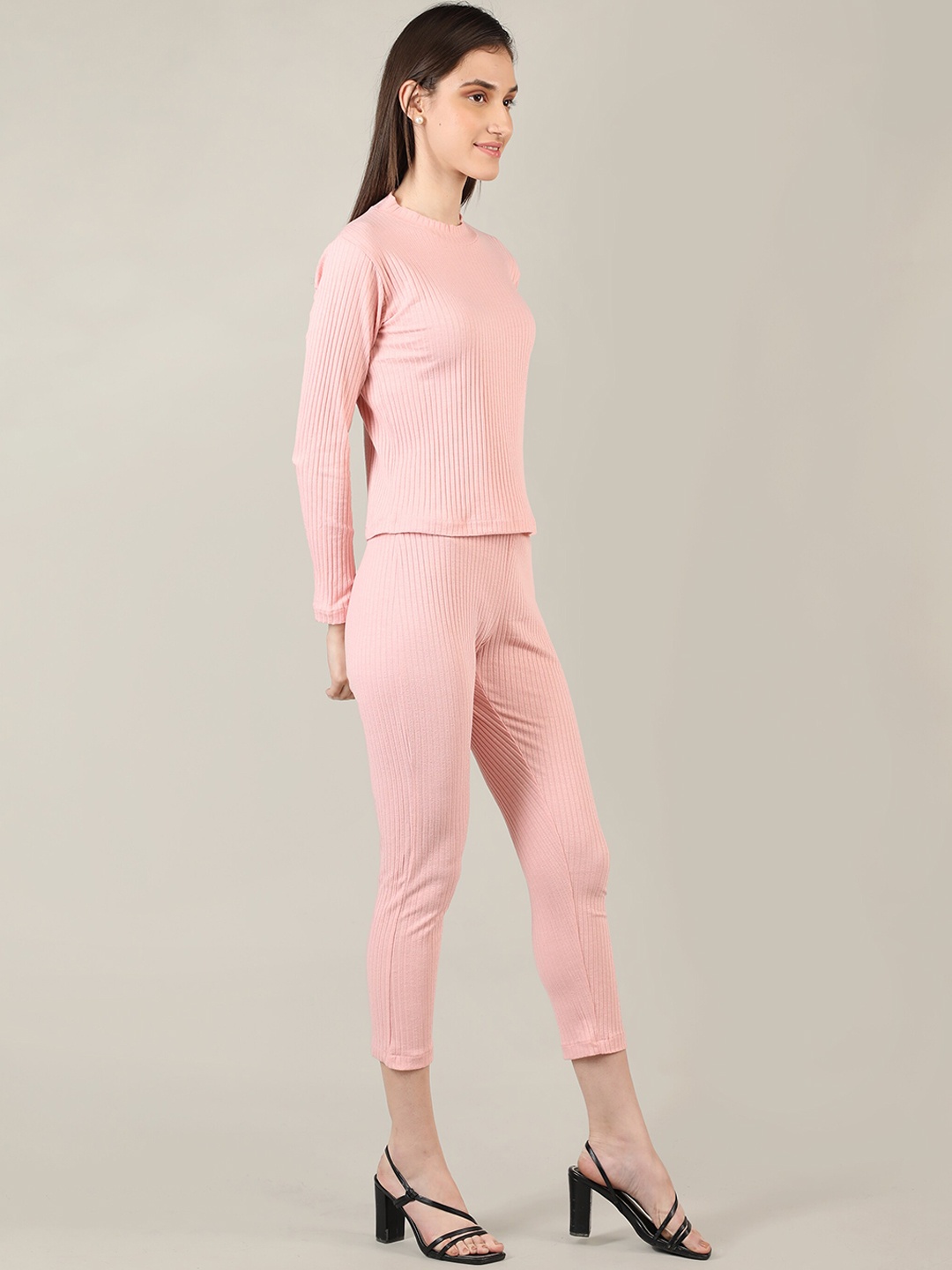 

CHKOKKO Ribbed Round Neck Long Sleeve Co-Ord, Pink