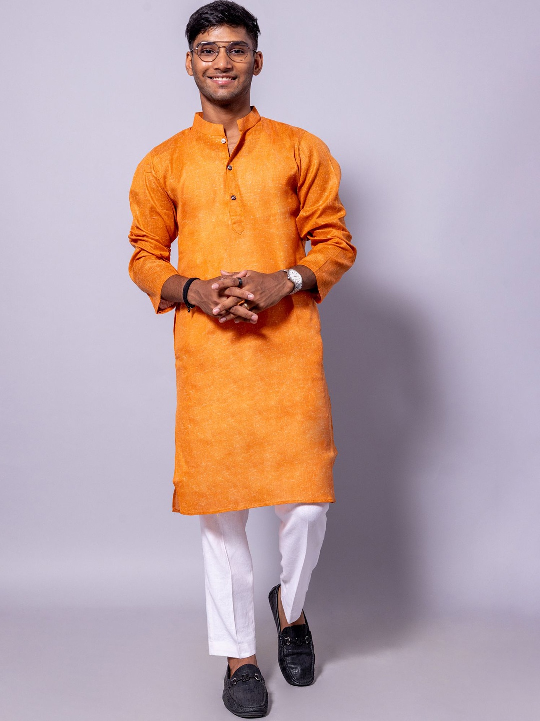 

BAESD Mandarin Collar Pure Cotton Straight Kurta With Pyjamas, Orange