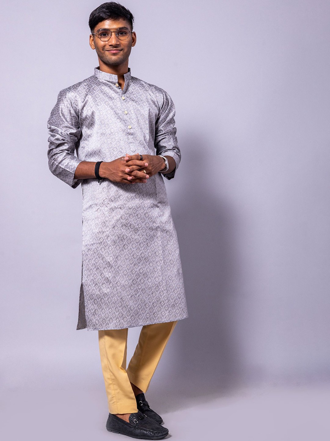 

BAESD Ethnic Motifs Woven Design Regular Dupion Silk Kurta With Pyjamas, Grey