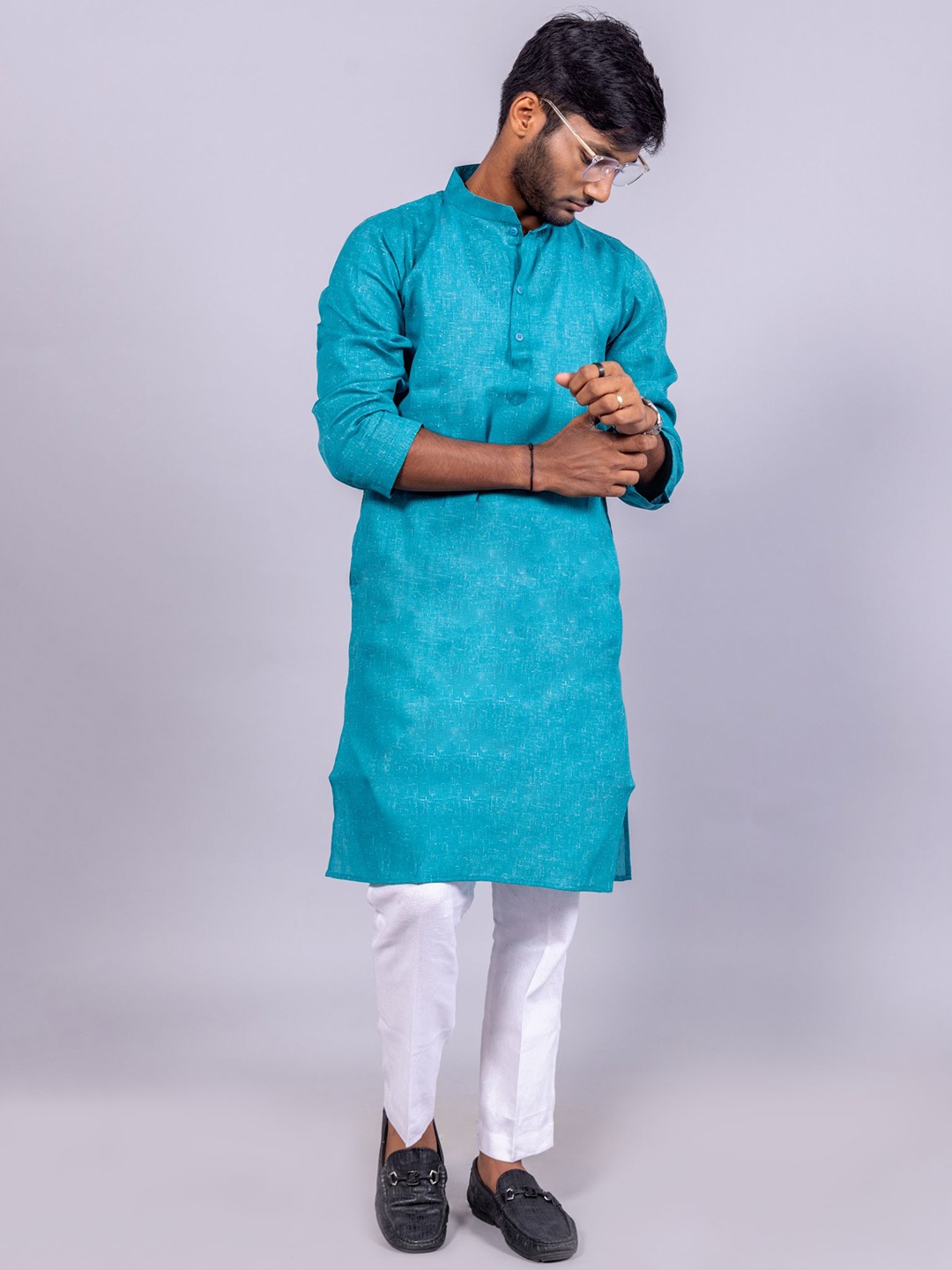 

BAESD Mandarin Collar Pure Cotton Kurta With Pyjamas, Turquoise blue