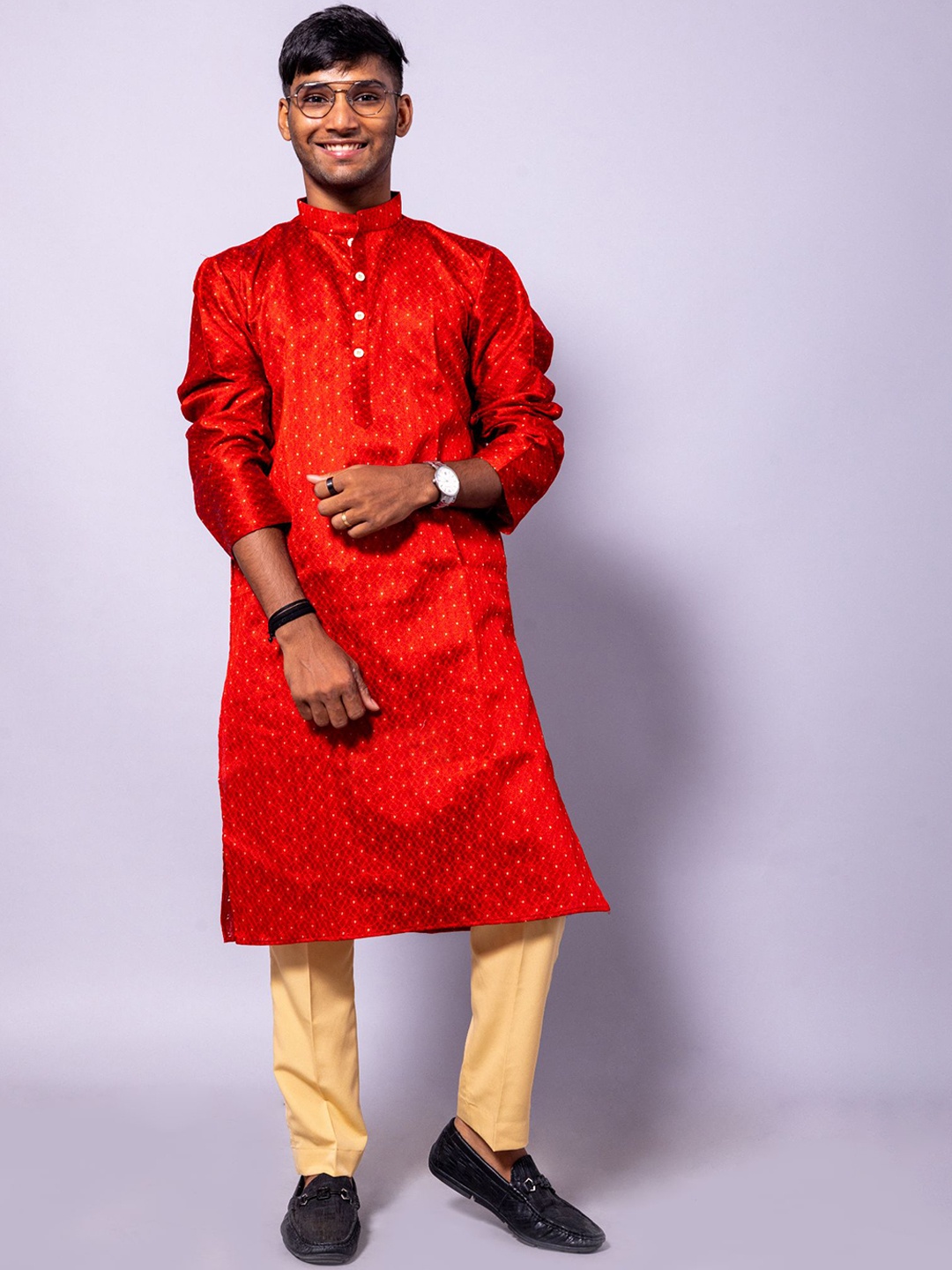 

BAESD Ethnic Motifs Woven Design Mandarin Collar Straight Kurta with Trousers, Red