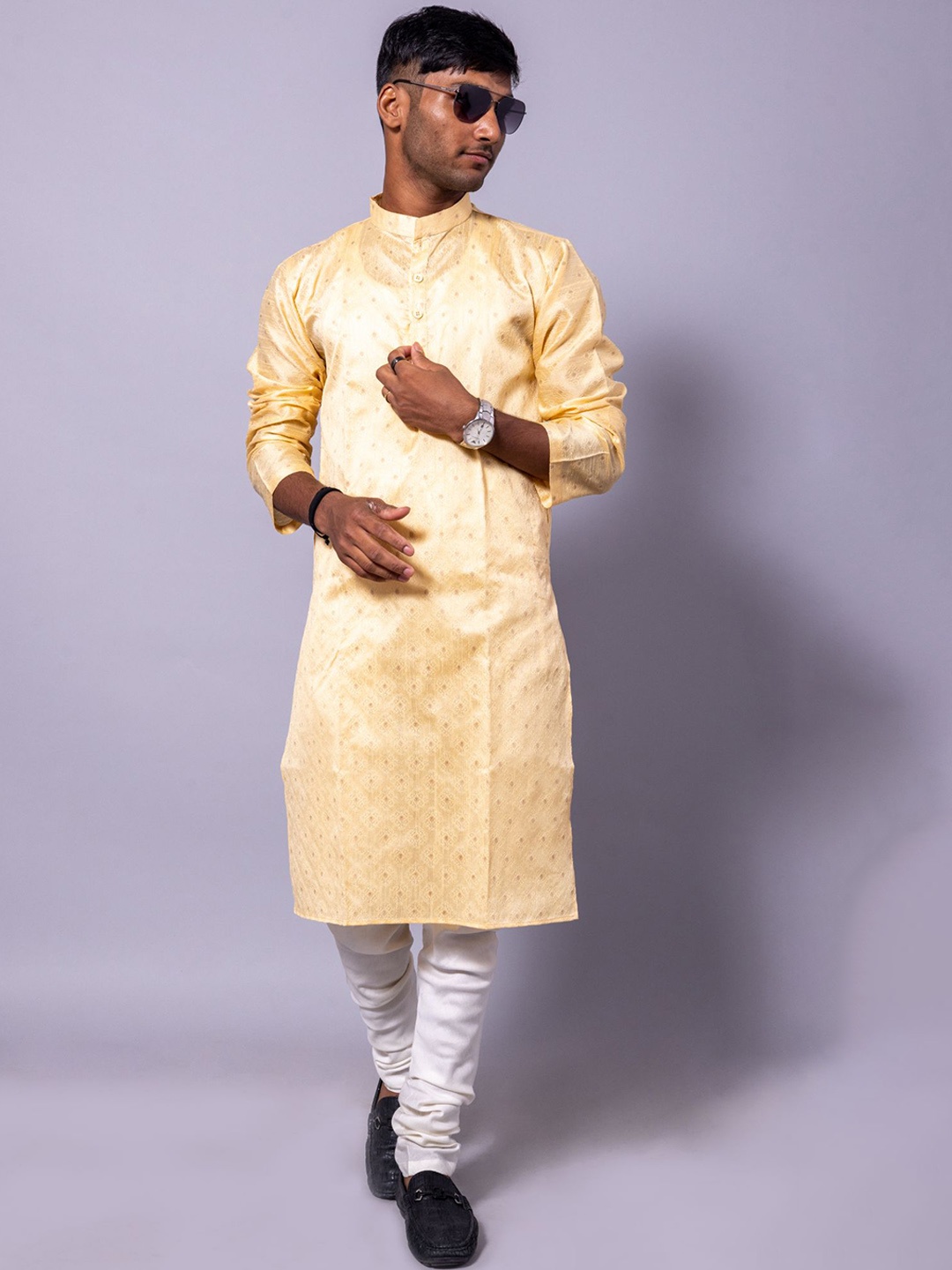 

BAESD Ethnic Motifs Woven Design Regular Dupion Silk Kurta With Pyjamas, Yellow