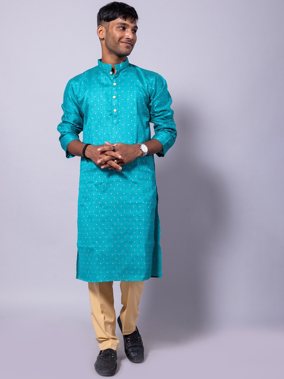 

BAESD Ethnic Motifs Woven Design Regular Dupion Silk Kurta With Pyjamas, Turquoise blue