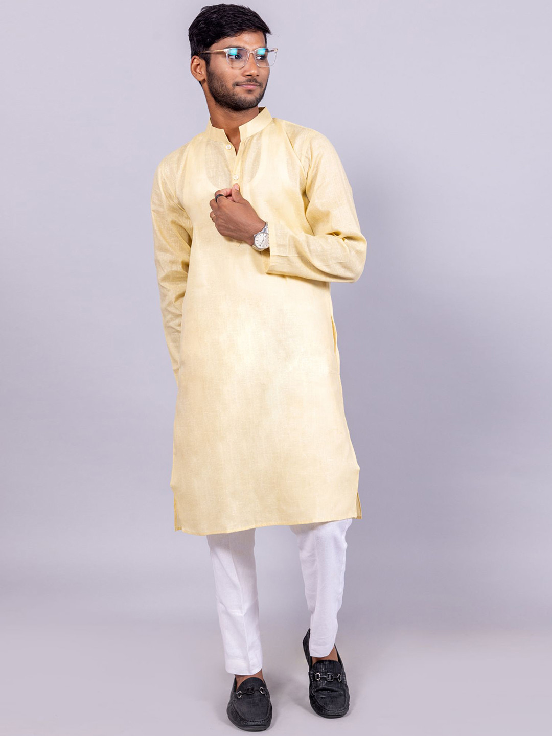 

BAESD Mandarin Collar Pure Cotton Kurta With Pyjamas, Yellow