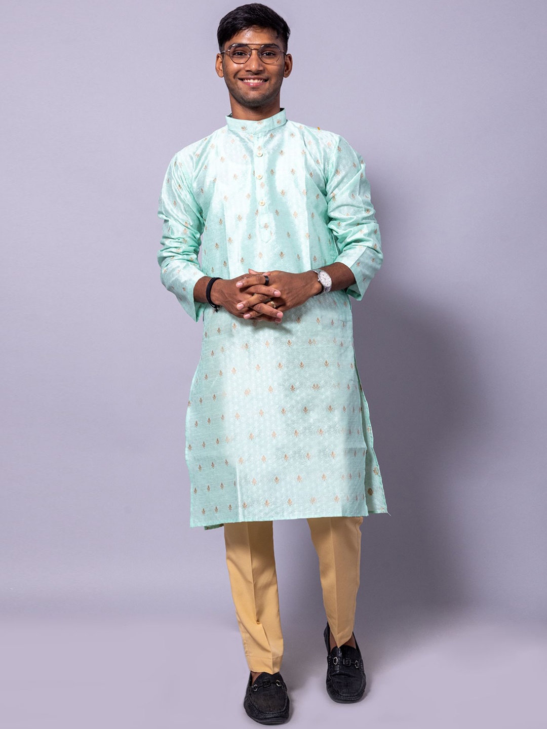 

BAESD Ethnic Motifs Woven Design Regular Dupion Silk Kurta With Pyjamas, Green