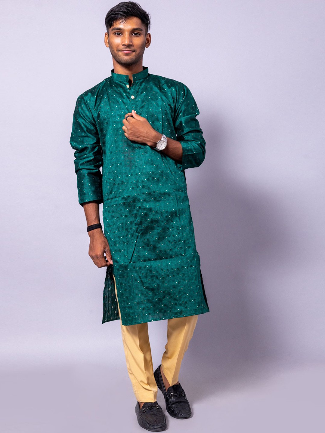 

BAESD Ethnic Motifs Woven Design Regular Dupion Silk Kurta With Pyjamas, Green