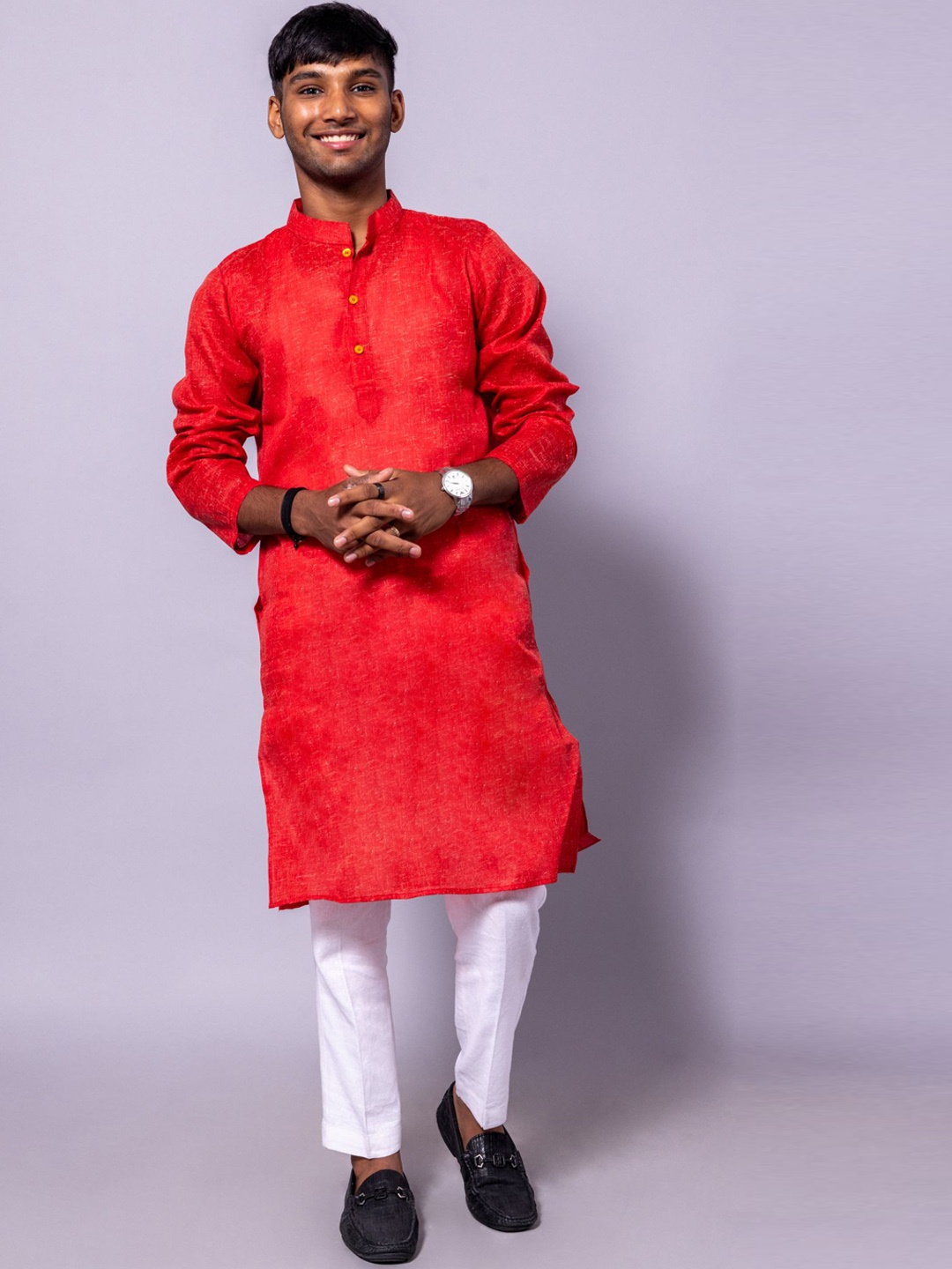 

BAESD Mandarin Collar Pure Cotton Straight Kurta with Trousers, Red