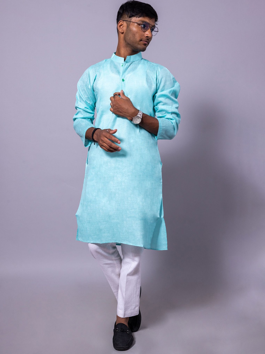 

BAESD Mandarin Collar Pure Cotton Straight Kurta With Pyjamas, Blue