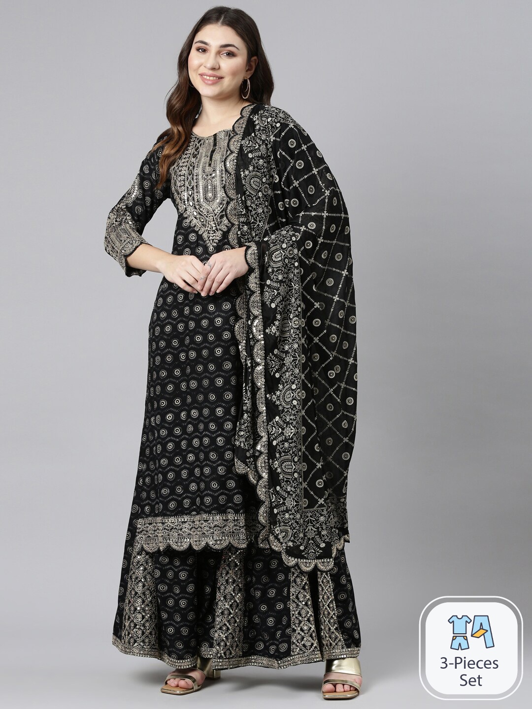 

Neerus Ethnic Motifs Printed Mirror Work Kurta With Sharara & Dupatta, Black
