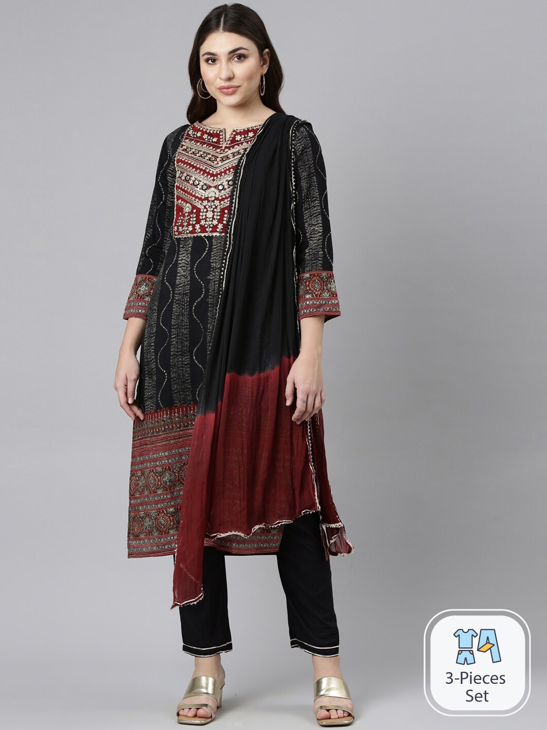 

Neerus Ethnic Motifs Printed Kurta & Trousers With Dupatta, Black