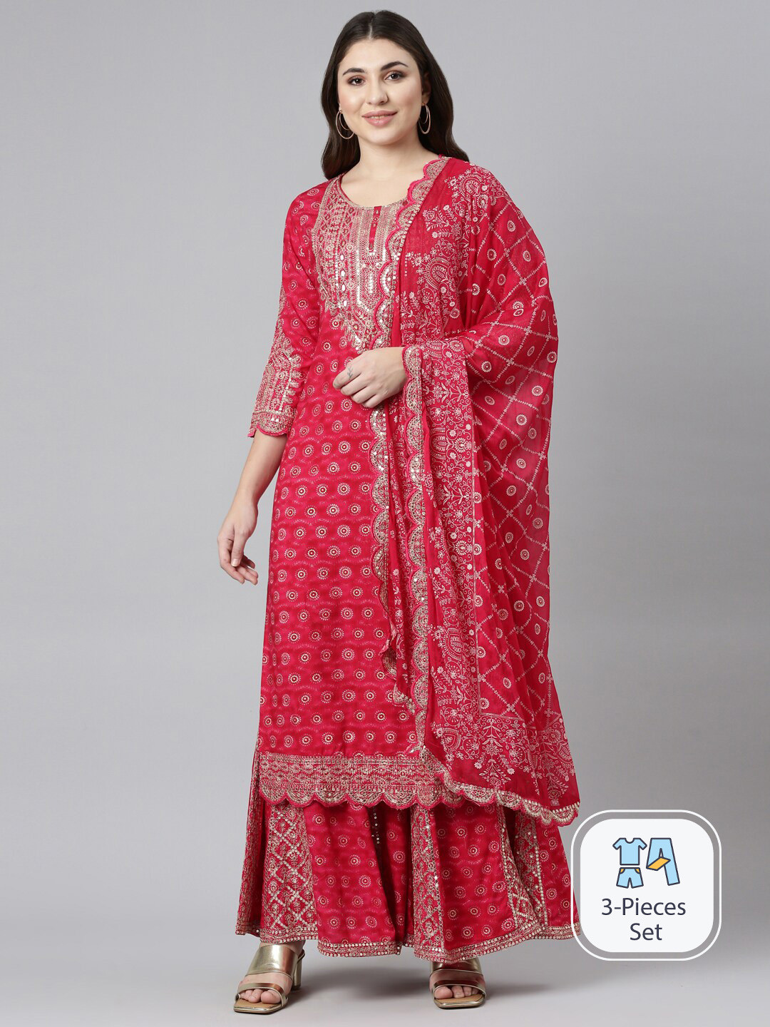 

Neerus Ethnic Motifs Printed Mirror Work Kurta With Sharara & Dupatta, Pink