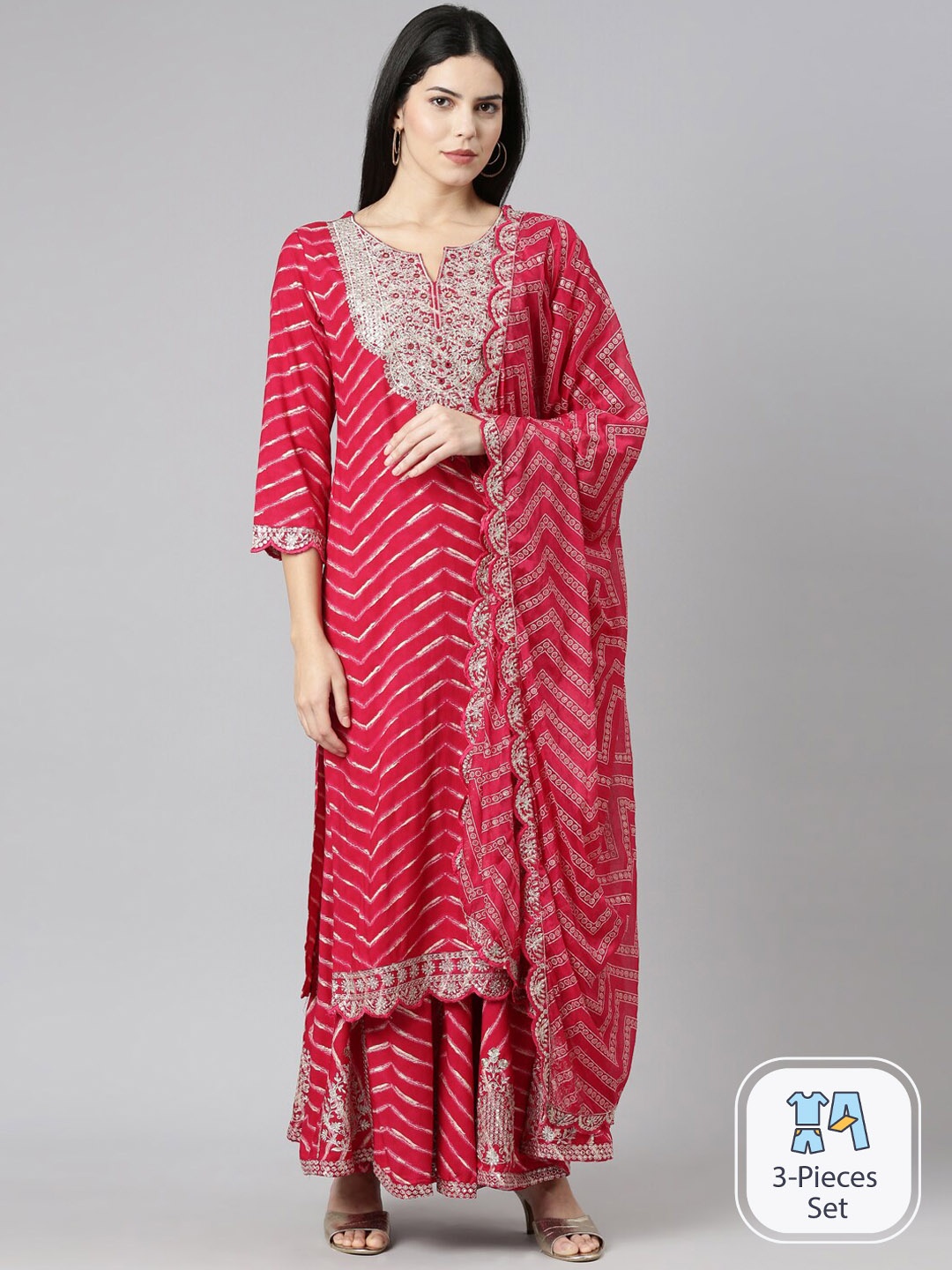 

Neerus Chevron Printed Aari Work Kurta With Sharara & Dupatta, Pink