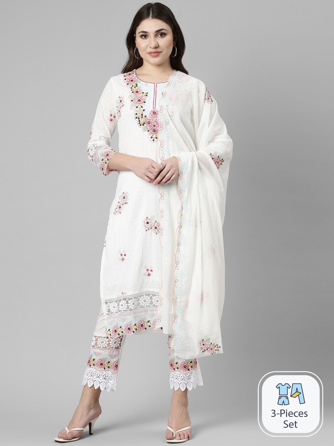 

Neerus Floral Embroidered Thread Work Kurta with Trousers & With Dupatta, Cream