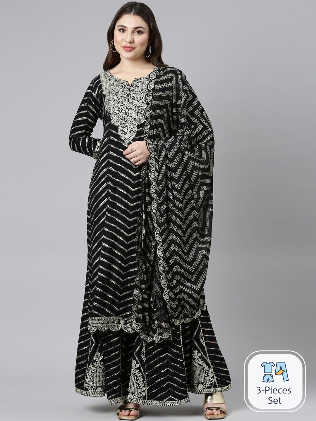 

Neerus Chevron Printed Mirror Work Kurta With Sharara & Dupatta, Black