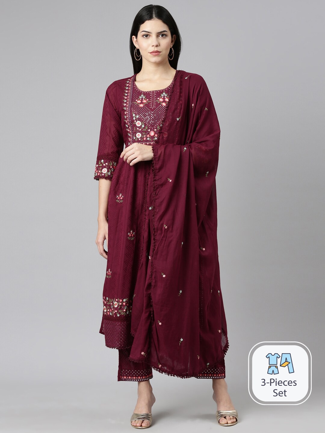 

Neerus Floral Embroidered Mirror Work Pleated Kurta With Trousers & Dupatta, Burgundy