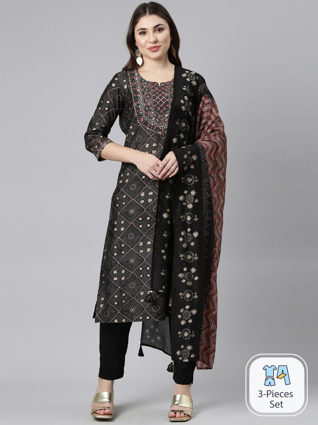 

Neerus Ethnic Motifs Printed Gotta Patti Kurta With Trousers & Dupatta, Black