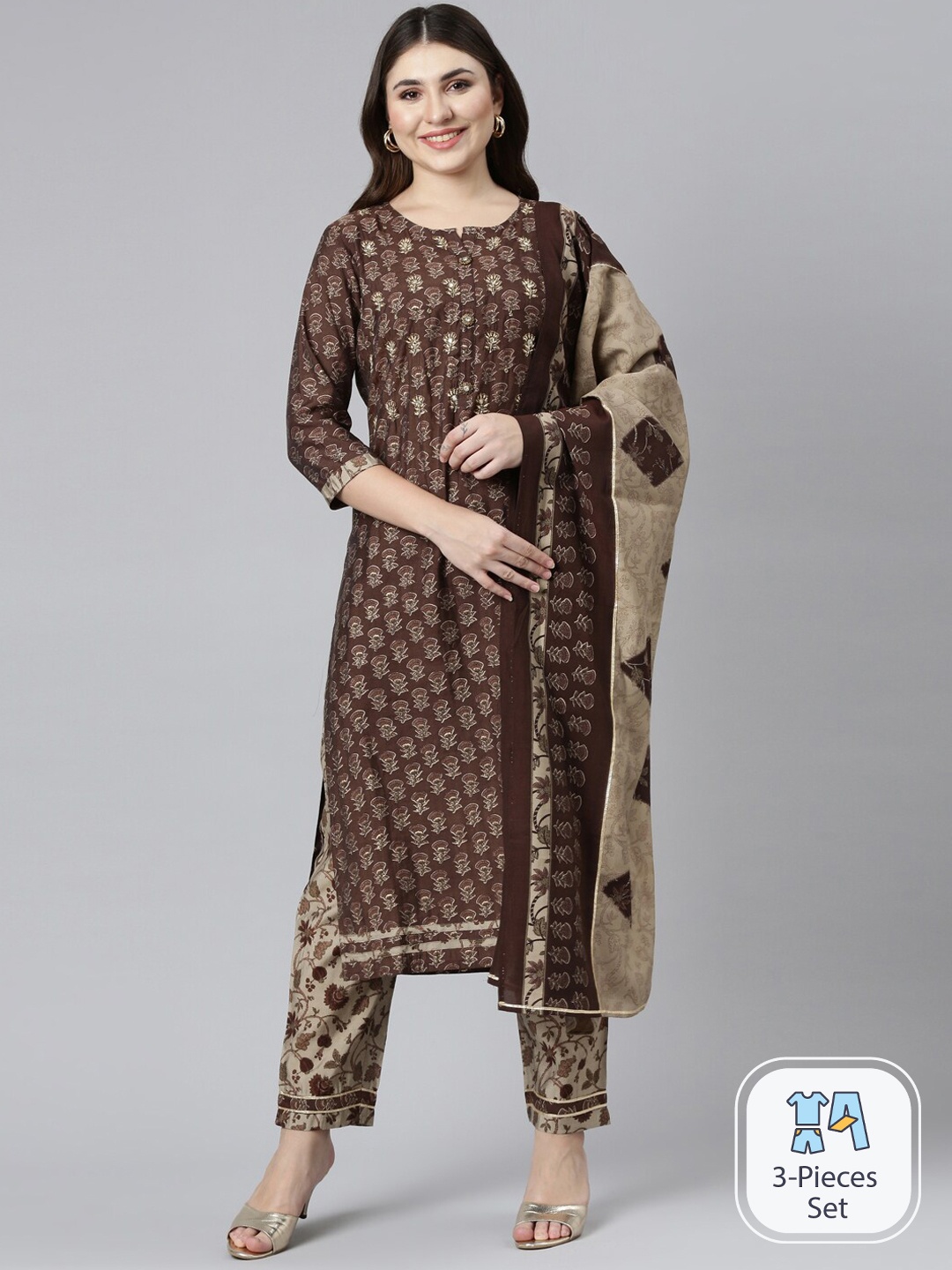 

Neerus Floral Printed Regular Kurta With Trousers & Dupatta, Brown