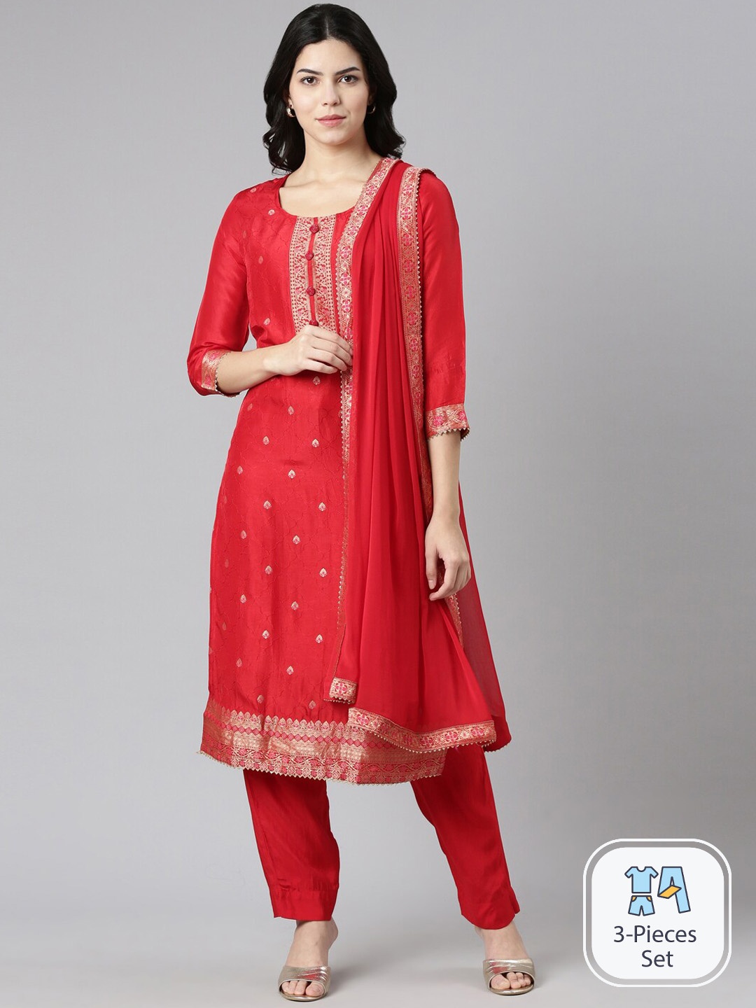 

Neerus Ethnic Motifs Woven Design Zari Kurta With Trousers & Dupatta, Red