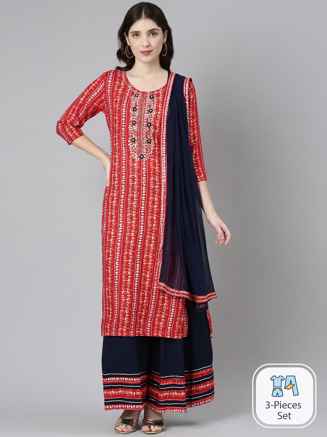 

Neerus Floral Printed Thread Work Kurta with Palazzos & With Dupatta, Red